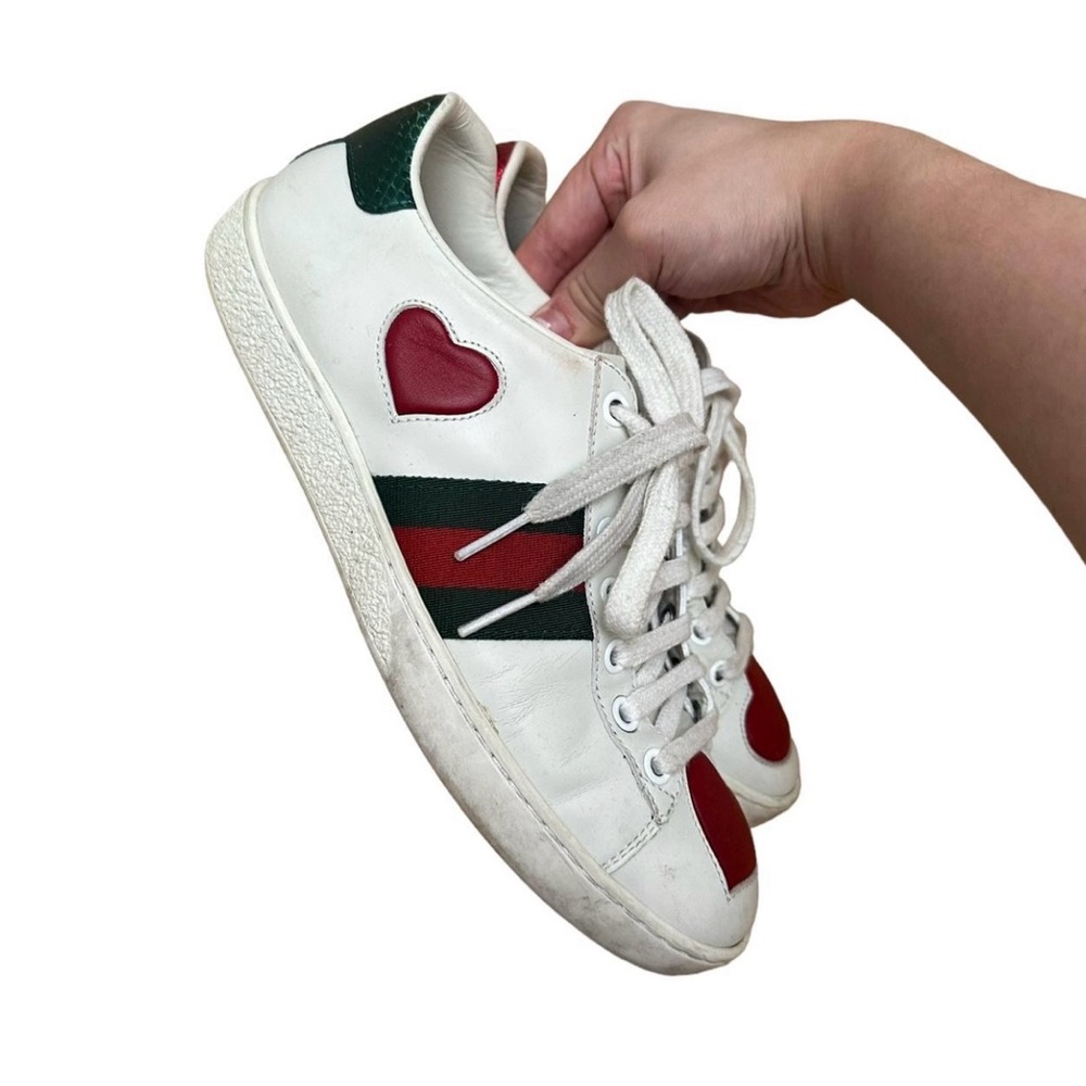 Gucci White Ace Sneakers with Red and Green Heart Accents